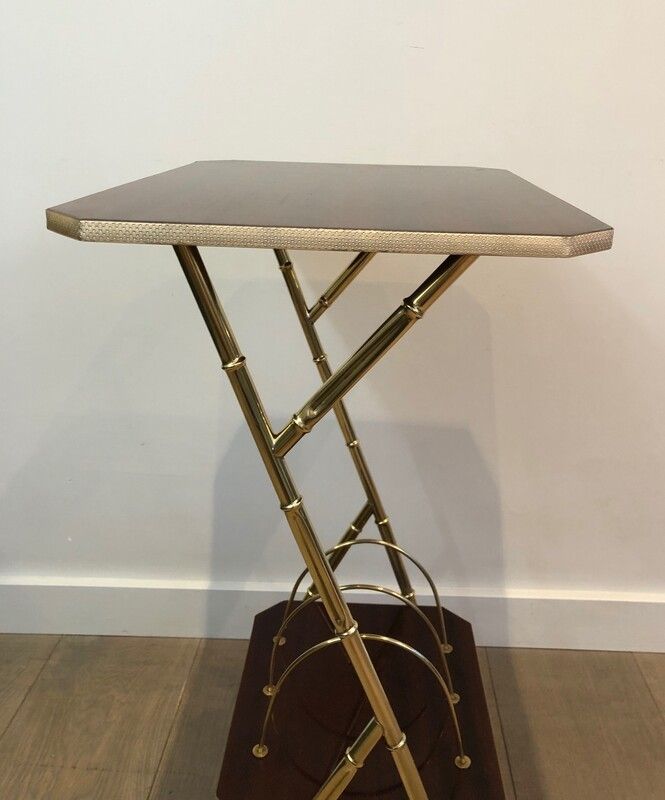 Mahogany And Faux Bamboo Gilt Metal Side Table With Magazine Rack. French. Circa 1970 photo for sale