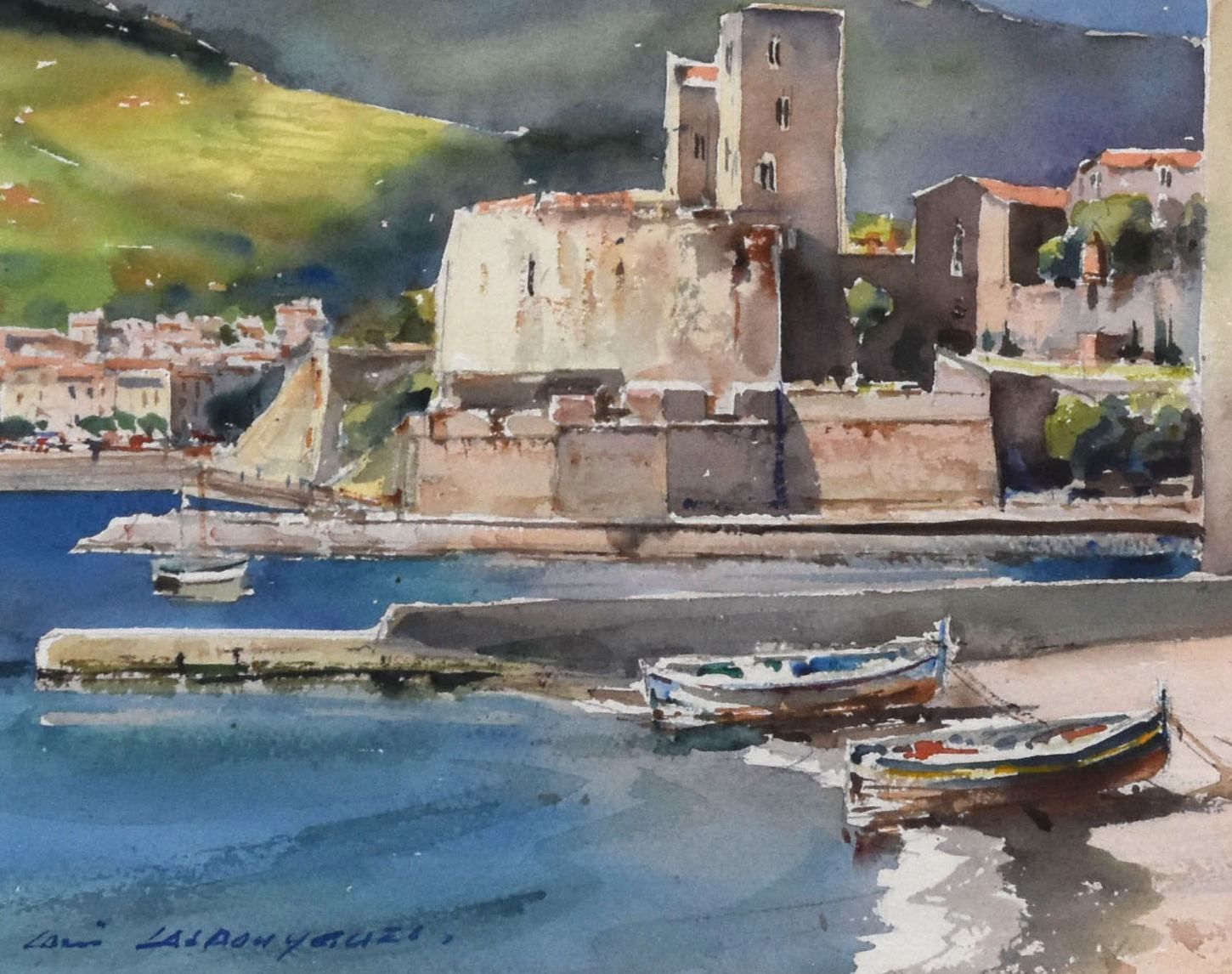 Watercolor Painting Signature Marine Port Illegible Louis Lasponyauzi photo furniture