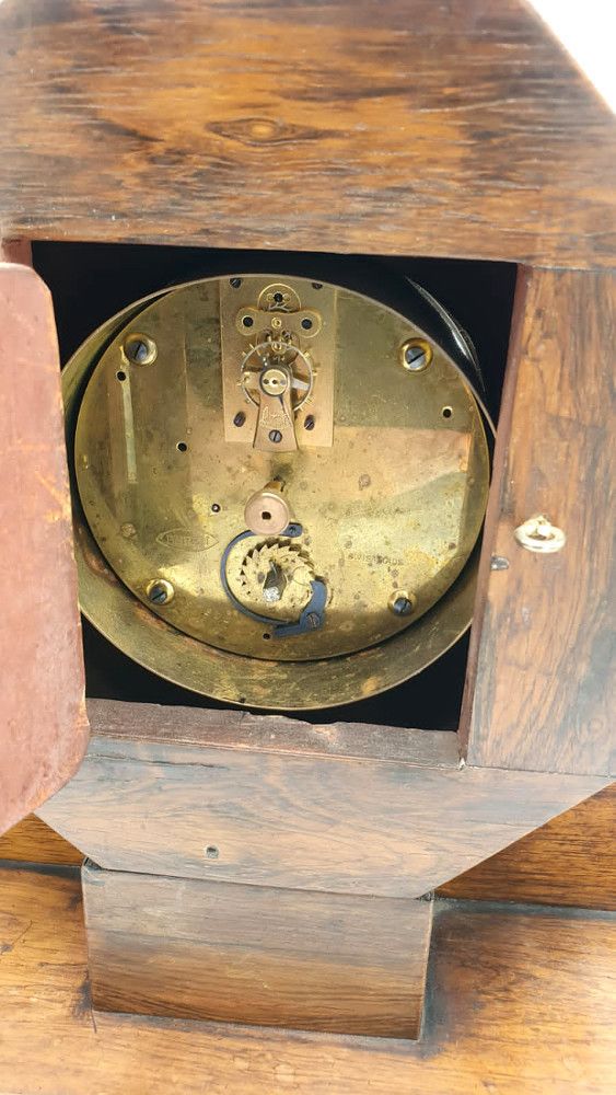 19th Century Rosewood Mantle Clock With Brass And Mother Of Pearl Inlay photo for sale