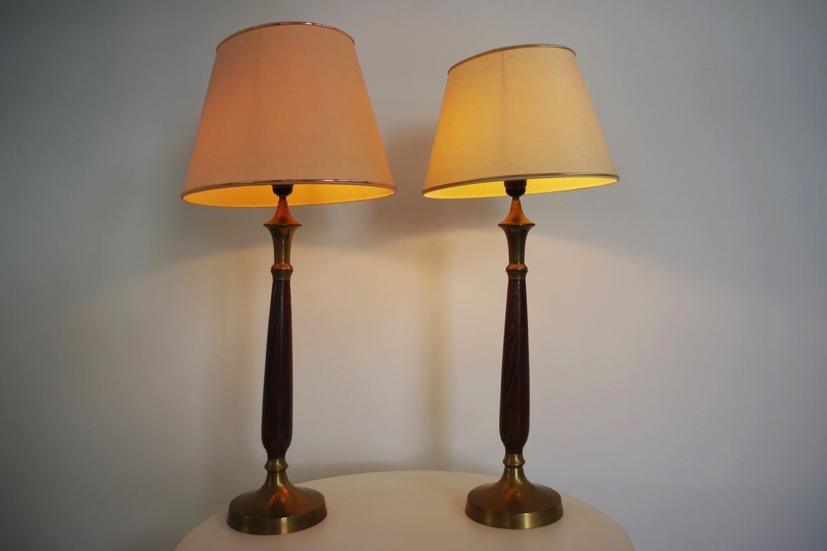 Lampade In Mogano, Brass & Cotton Hats Di Abat Jour, Anni '50, Set Di 2 photo for sale