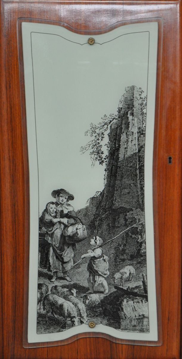 Credenza Con Cassetti In Pera Di Mogano, Ottone E Vetro Con Disegni Allegorici E Flash Interni Di F.Lli Rigamonti Desio, Milano, Anni '40 photo 9800.0