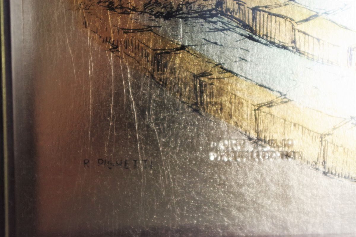 Art Immagini Incorniciate Italiane Con Foglie D'oro Di R. Pighetti, Anni '70, Set Di 2 photo