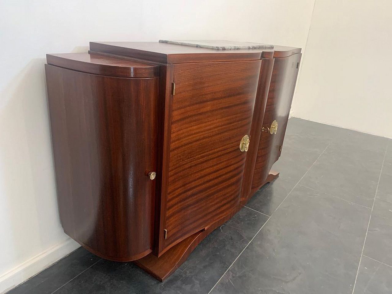 Art Deco Mahogany And Bronze Sideboard With Marble Top In The Style Of Jules Leleu, 1920s photo vinterior