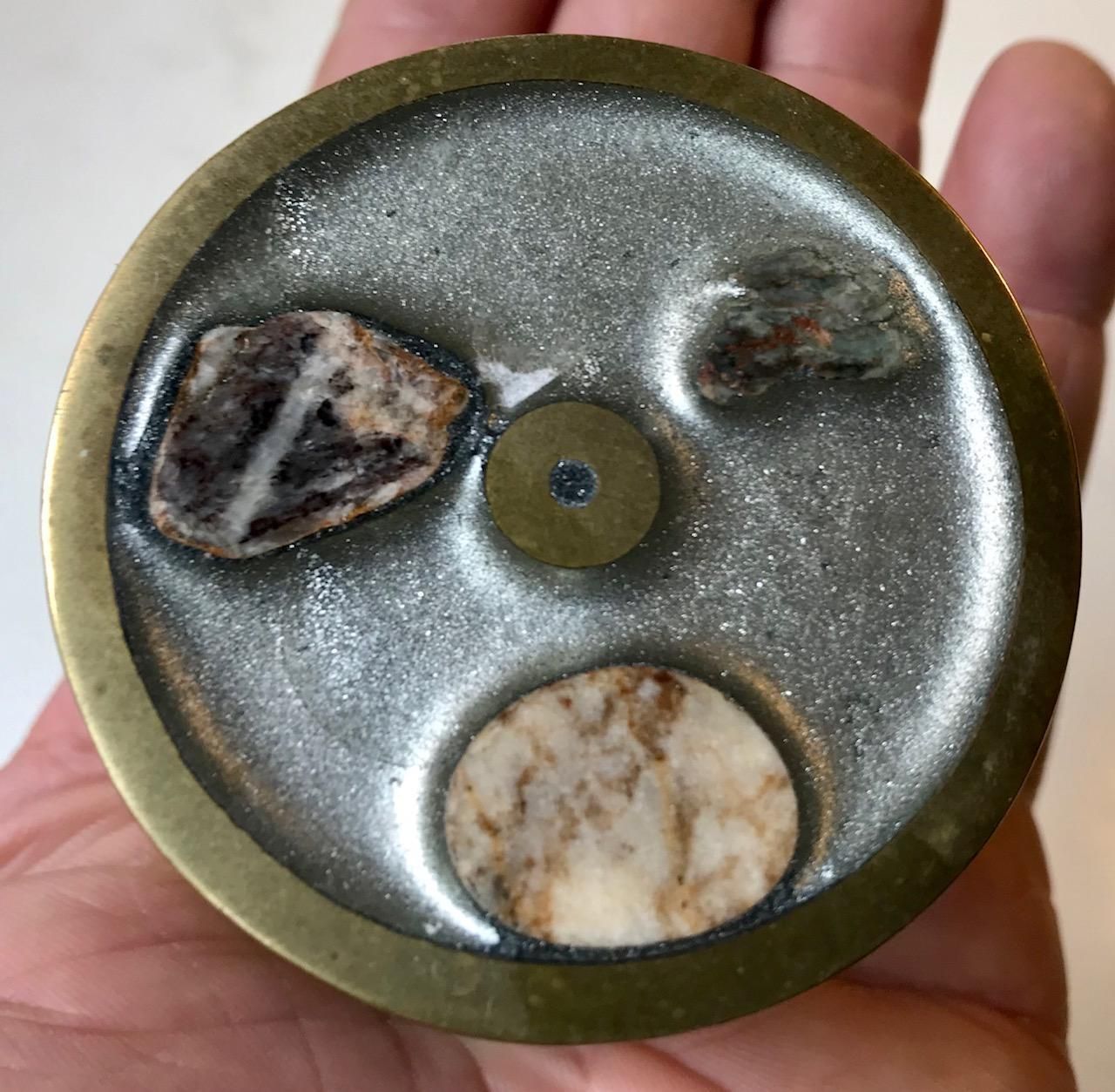Scandinavian Bronze Snuff Box, Trinket With Inlaid Minerals Samples, 1950s photo Home Decor