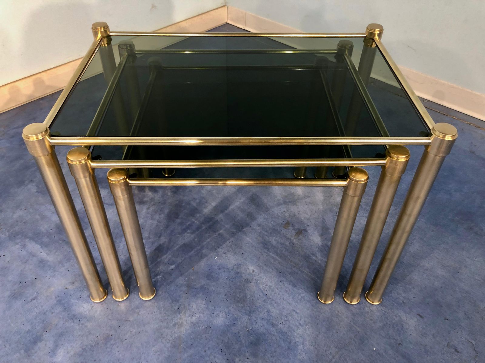 Italian Mid Century Modern Brass And Smoked Glass Nesting Tables, 1970s photo furniture