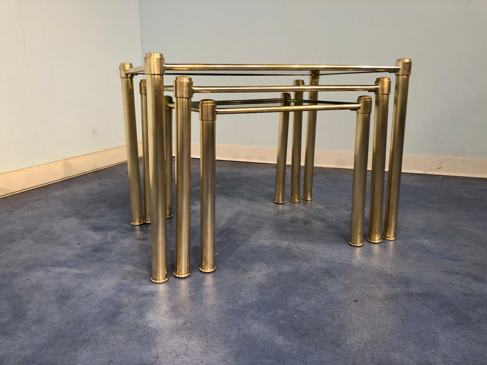 Italian Mid Century Modern Brass And Smoked Glass Nesting Tables, 1970s photo Furniture
