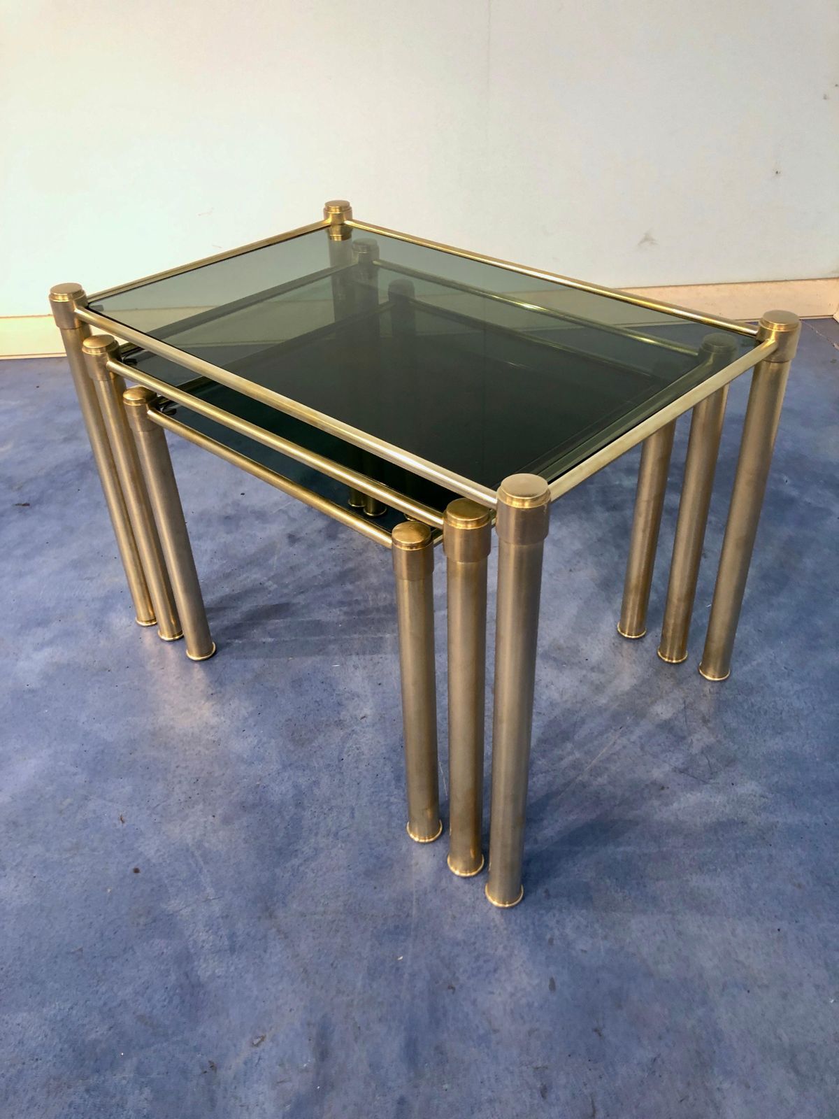 Italian Mid Century Modern Brass And Smoked Glass Nesting Tables, 1970s photo 703.0