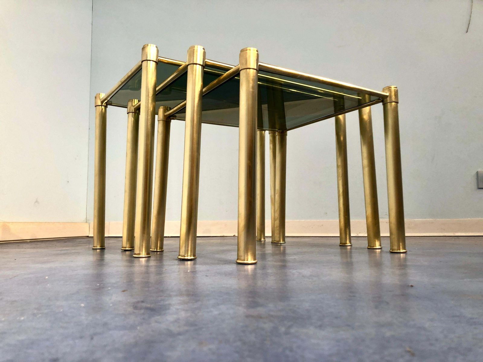 Italian Mid Century Modern Brass And Smoked Glass Nesting Tables, 1970s photo vintage