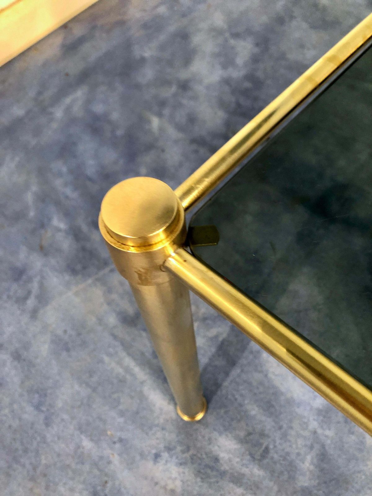 photo buy Italian Mid Century Modern Brass And Smoked Glass Nesting Tables, 1970s