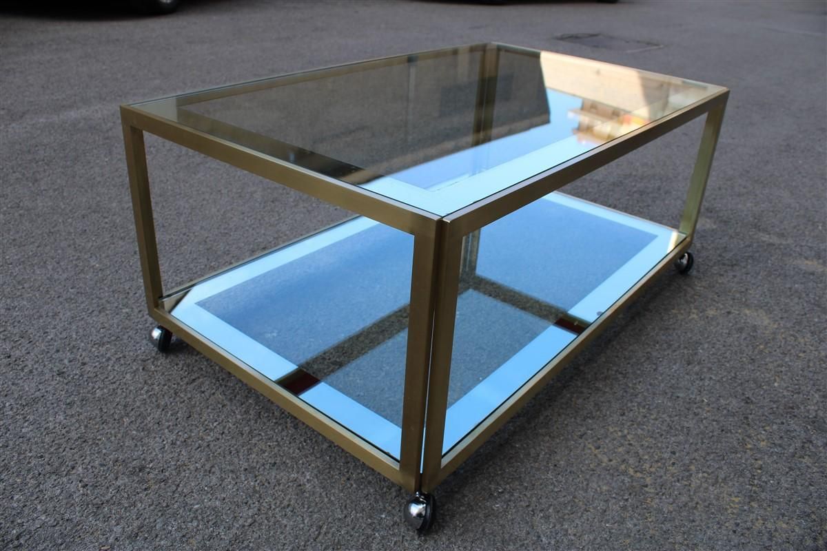 Zevi Furniture Table Coffee 1970 Italian Design Satin Brass Mirrored Glass photo vinterior