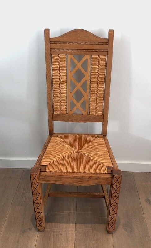 Set Of 6 Brutalist Chairs Made Of Ash And Straw. French Work, Circa 1950 photo vinterior