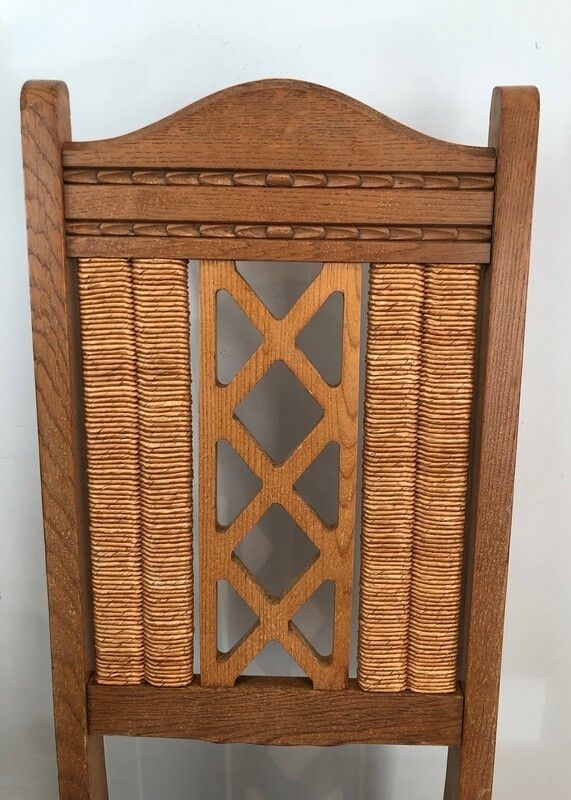 Set Of 6 Brutalist Chairs Made Of Ash And Straw. French Work, Circa 1950 photo buy