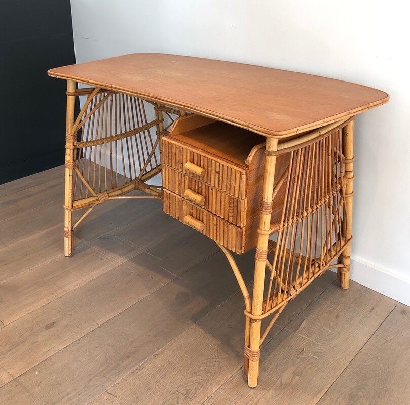 Attributed To Audoux Minet. Rattan Desk With Drawers. French. Circa 1970 photo Furniture