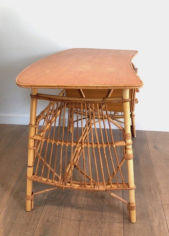 Attributed To Audoux Minet. Rattan Desk With Drawers. French. Circa 1970 photo vinterior