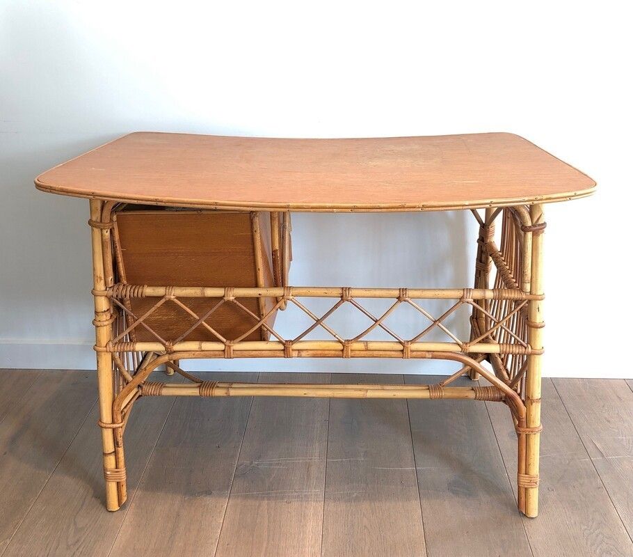 Attributed To Audoux Minet. Rattan Desk With Drawers. French. Circa 1970 photo buy