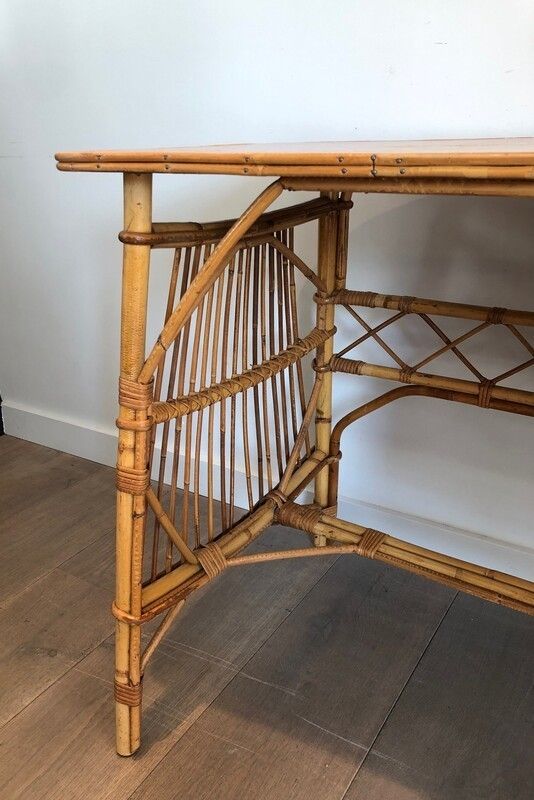 Attributed To Audoux Minet. Rattan Desk With Drawers. French. Circa 1970 photo vintage