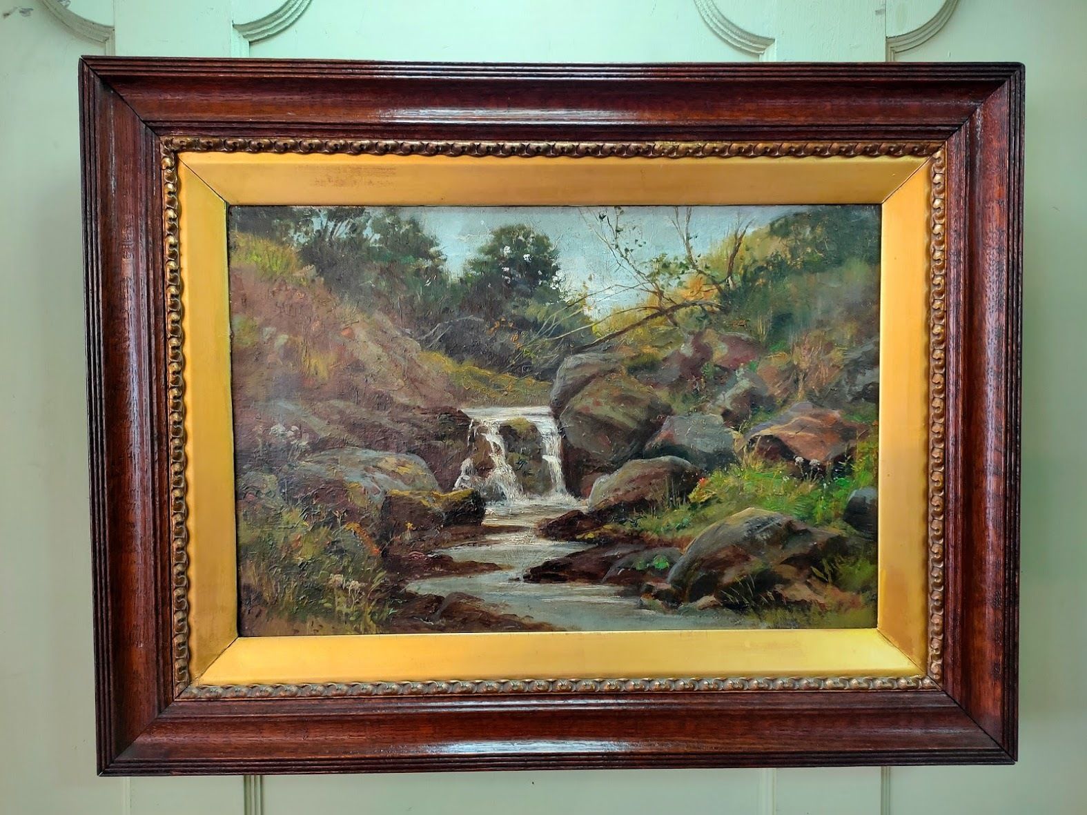 Oil Painting A Waterfall In The Welsh Countryside Late 19th Century
