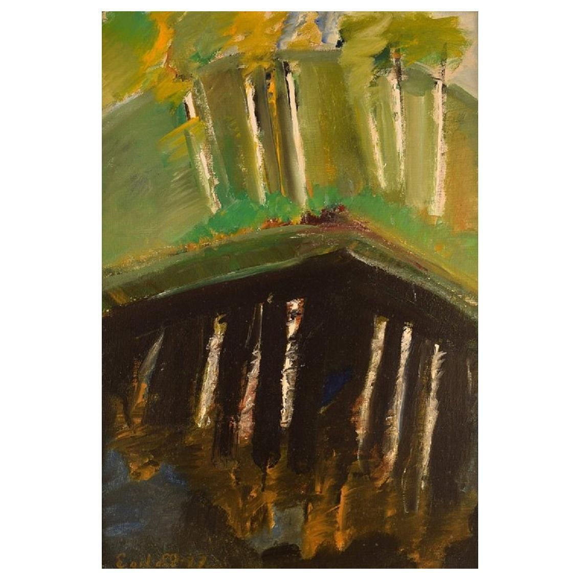 Egil Carlsson 'B. 1920', Sweden, Oil On Canvas, Modernist Park Landscape, 1977
