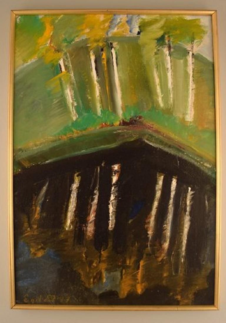Egil Carlsson 'B. 1920', Sweden, Oil On Canvas, Modernist Park Landscape, 1977 photo furniture