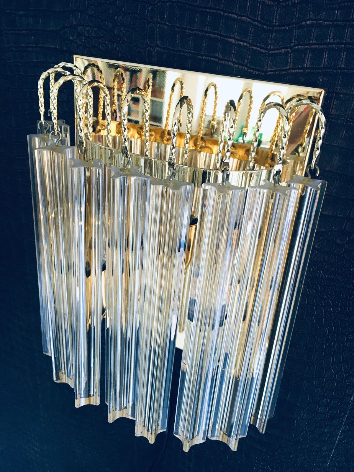 photo vintage Hollywood Regency Stijl Wandlamp Van Glas En Messing Van Massive, Jaren 1980, Italië