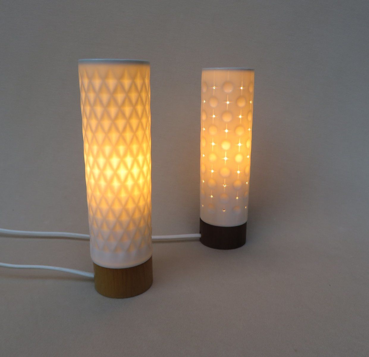 Small Minimalist Wooden Table Lamps With Porcelain Shades From Wallendorfer Porzellanmanufaktur, 1960s, Set Of 2 photo for sale