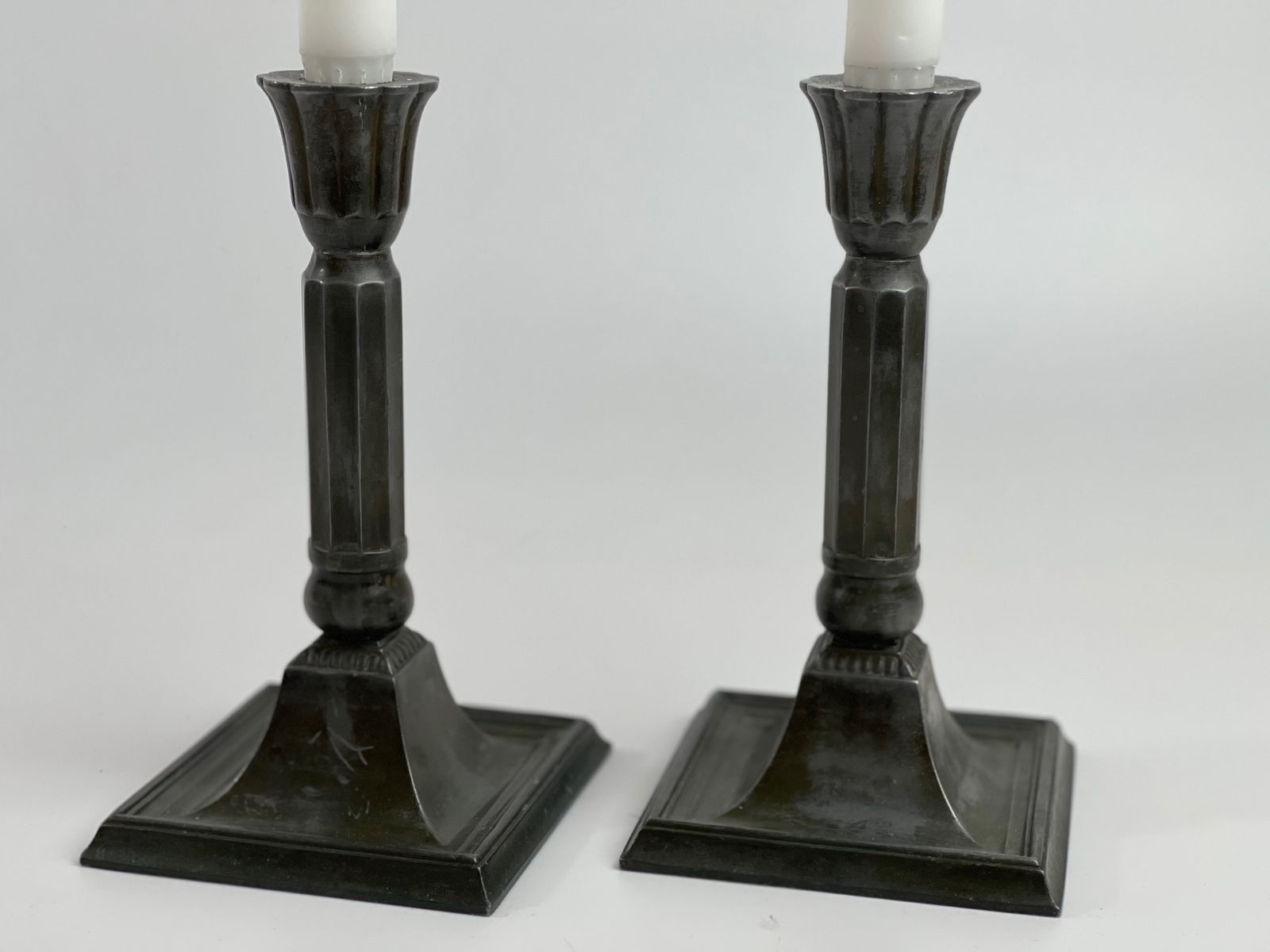 Pair Of Art Deco Just Andersen Candle Holders In Disco Metal. Patina. Danish Design In The First Half Of The 20th Century