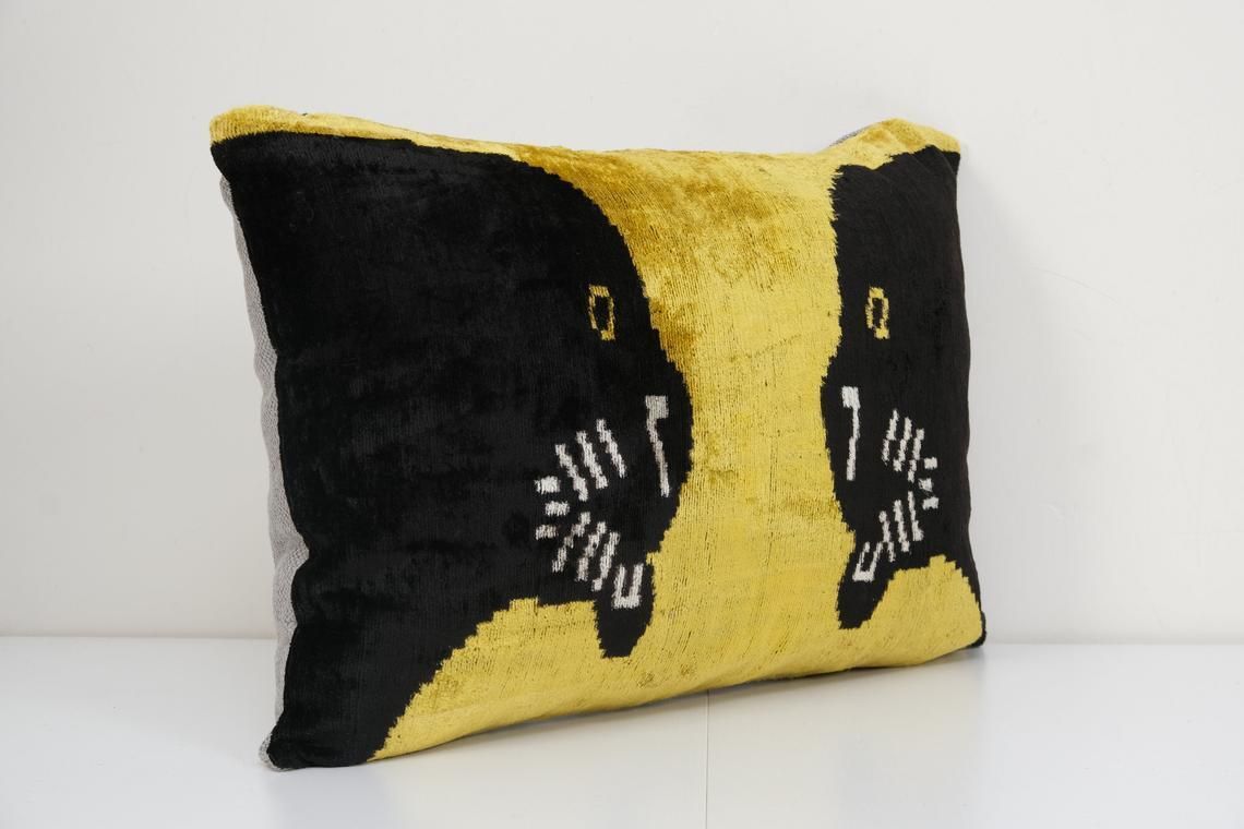 Panther Ikat Velvet Pillow, Silk Lumbar Cushion Cover, Animal Lumbar Pillows, Boho Pillow photo furniture