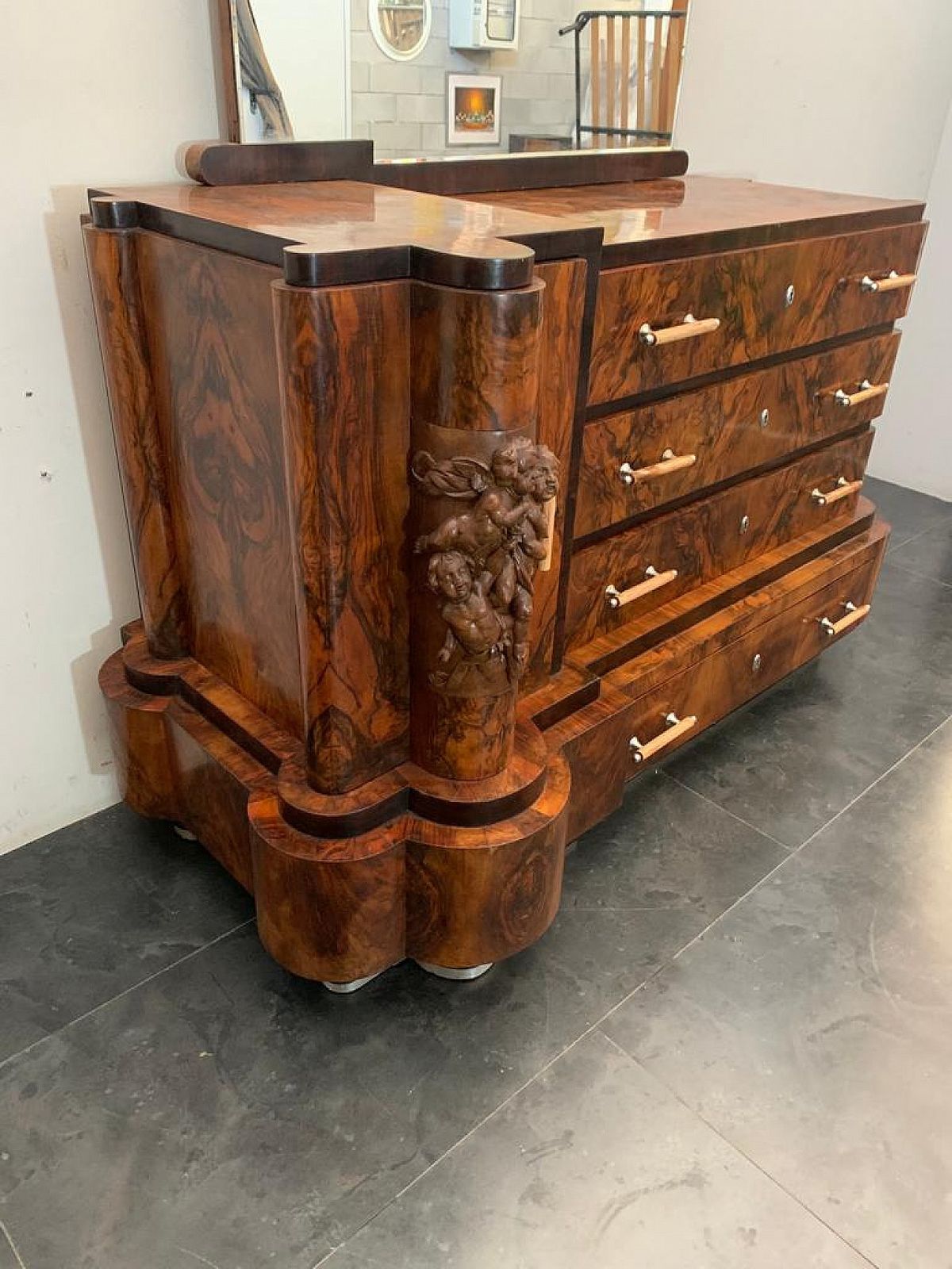 Art Deco Chest Of Drawers By Ducrot In Walnut With Mirror, 20s photo Furniture