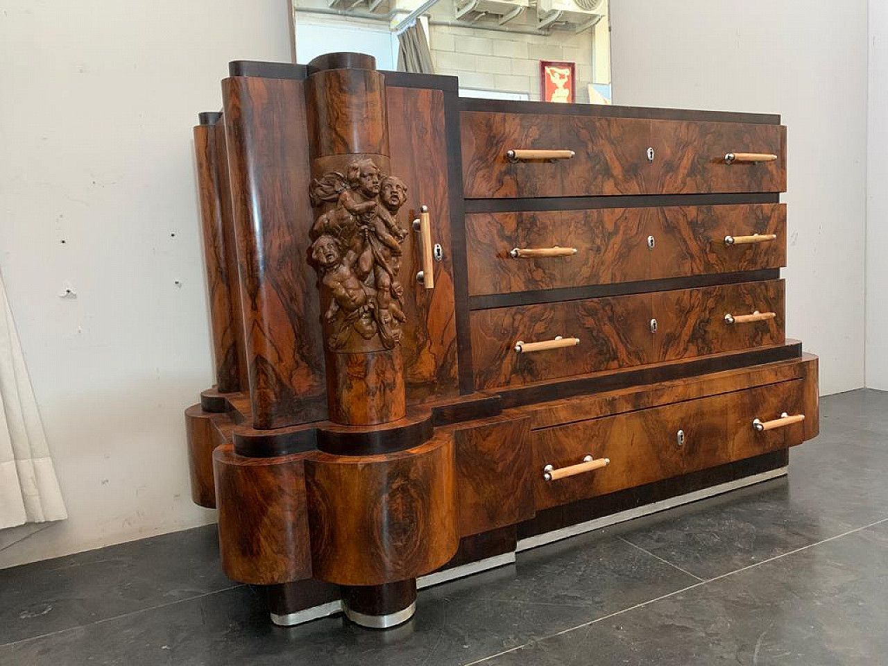 Art Deco Chest Of Drawers By Ducrot In Walnut With Mirror, 20s photo vinterior