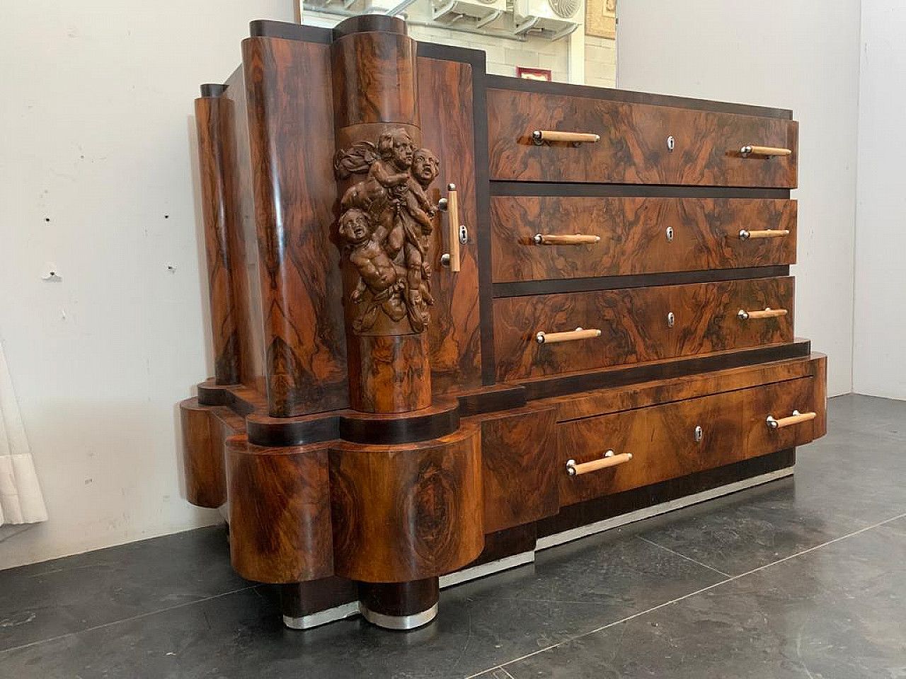 7004.0 Art Deco Chest Of Drawers By Ducrot In Walnut With Mirror, 20s photo
