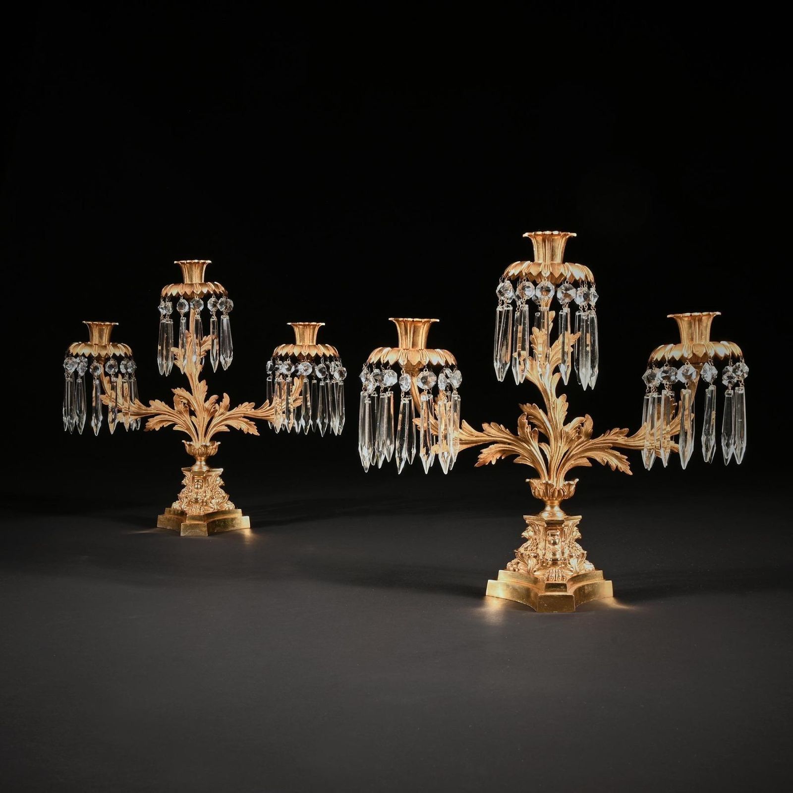 Pair Of Early 19th Century Gilt Bronze And Lustres Three Branch Candelabra photo vintage