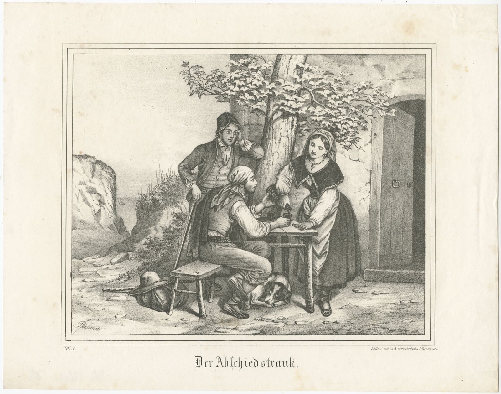 Antique Print Of People Having A Drink By Borndrück (C.1880)