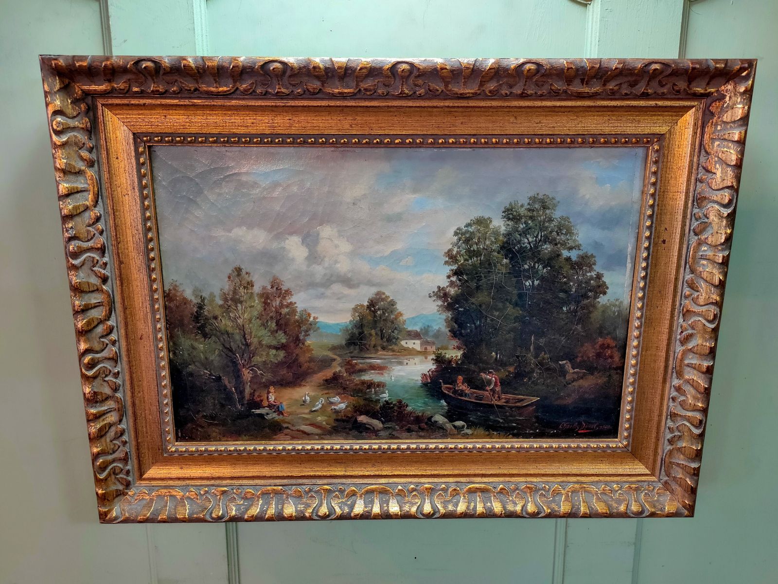 Oil Painting Woodland River Scene Signed By Robert Duval 1890 photo vintage