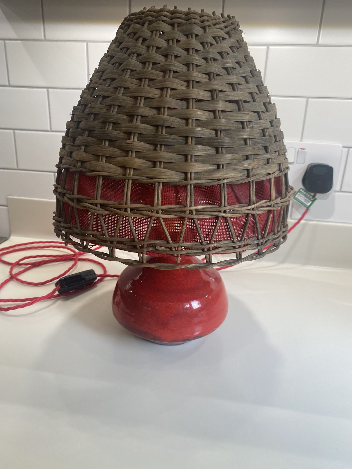 Red Glazed Table Lamp Rattan Shade Nykirka Motala Sweden 1960s Excellent Condition Rewired photo buy