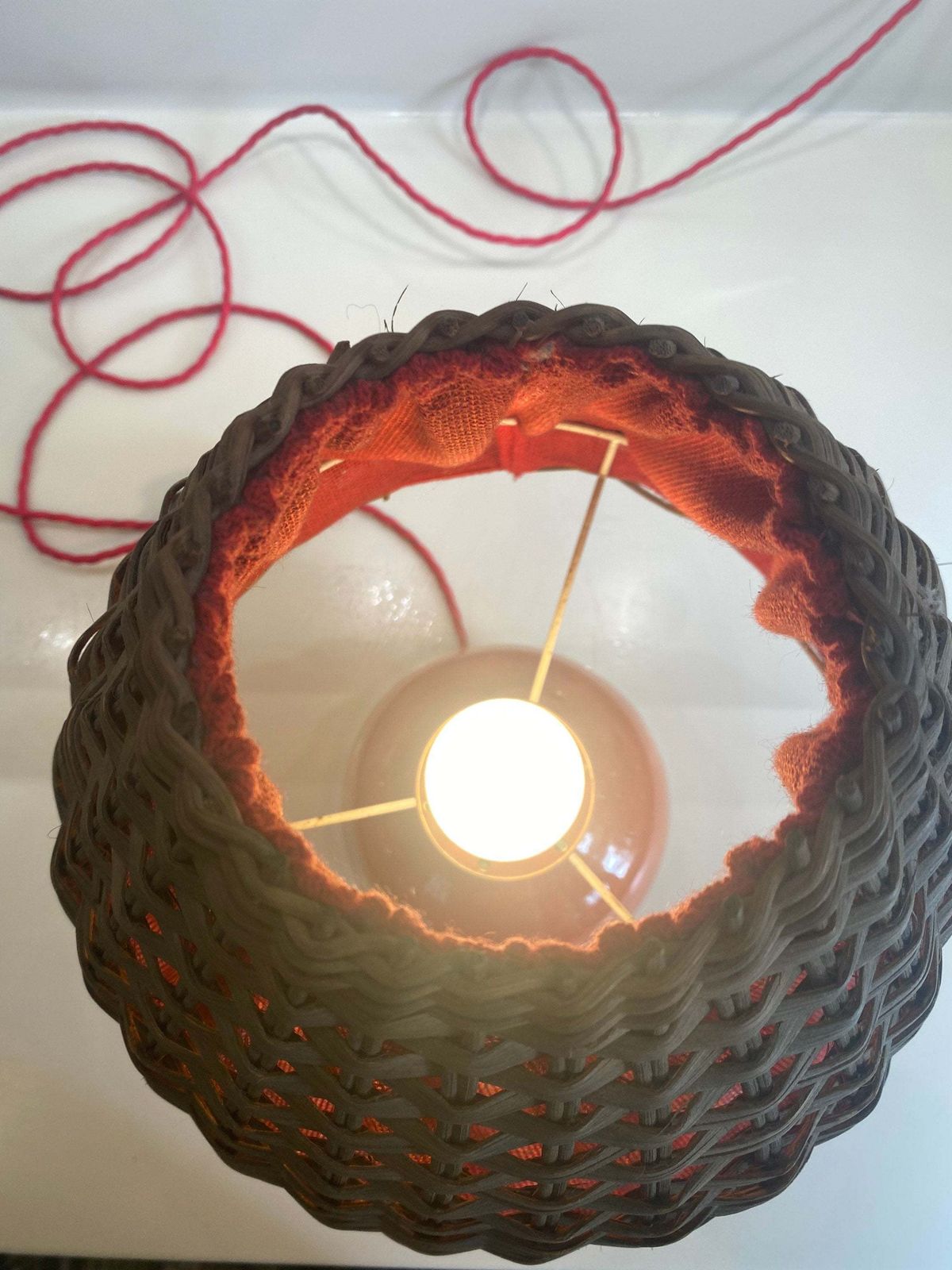 Red Glazed Table Lamp Rattan Shade Nykirka Motala Sweden 1960s Excellent Condition Rewired photo vintage