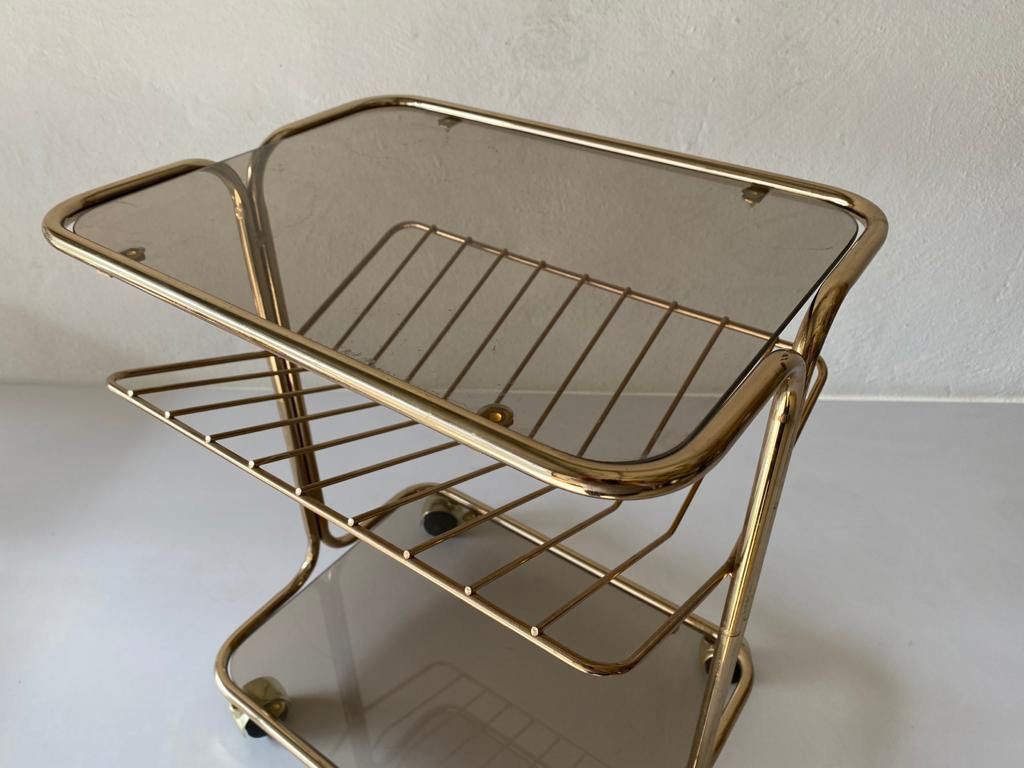 Mid Century Modern Gold Metal And Smoked Glass Magazine Stand Table, Living Room Organiser, 1960s, photo 722.92