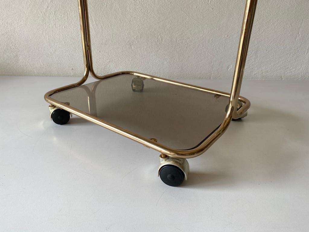 Mid Century Modern Gold Metal And Smoked Glass Magazine Stand Table, Living Room Organiser, 1960s, photo vintage