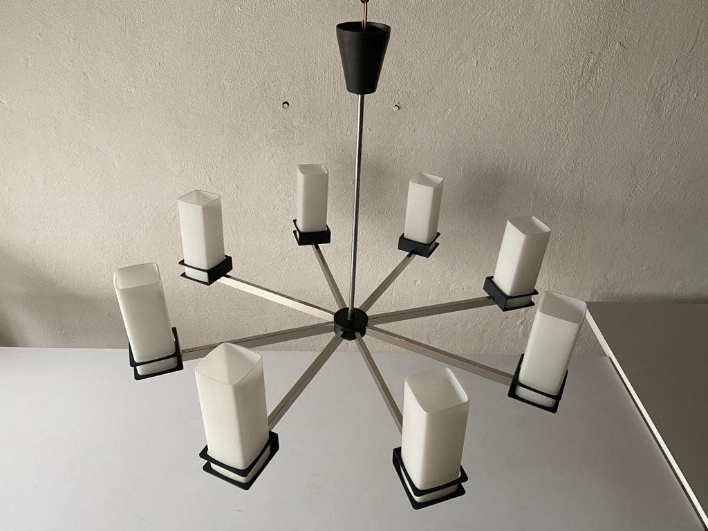 Excellent 8 Cylinder Opal Glass Tubes And Black Chrome Metal Body Atomic XX L Chandelier, 1970s