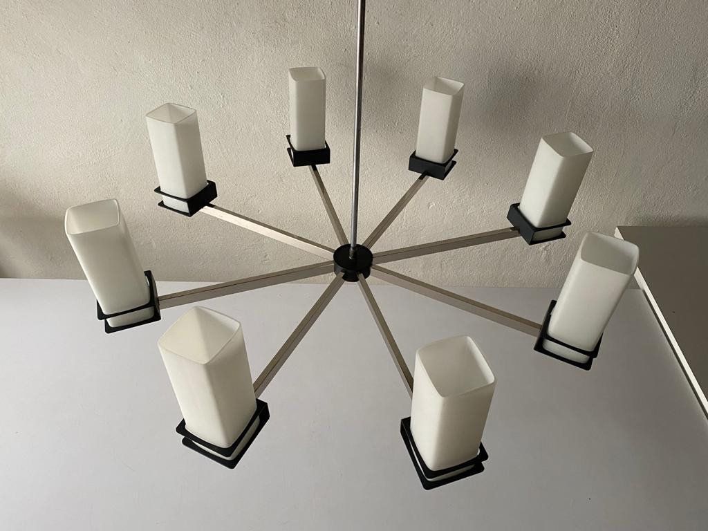 Excellent 8 Cylinder Opal Glass Tubes And Black Chrome Metal Body Atomic XX L Chandelier, 1970s photo furniture