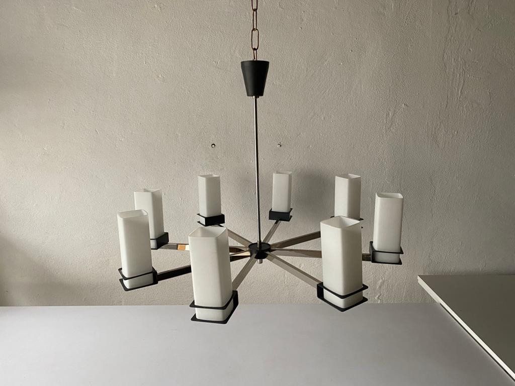 Excellent 8 Cylinder Opal Glass Tubes And Black Chrome Metal Body Atomic XX L Chandelier, 1970s photo for sale