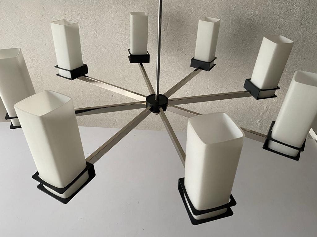 Excellent 8 Cylinder Opal Glass Tubes And Black Chrome Metal Body Atomic XX L Chandelier, 1970s photo Lighting