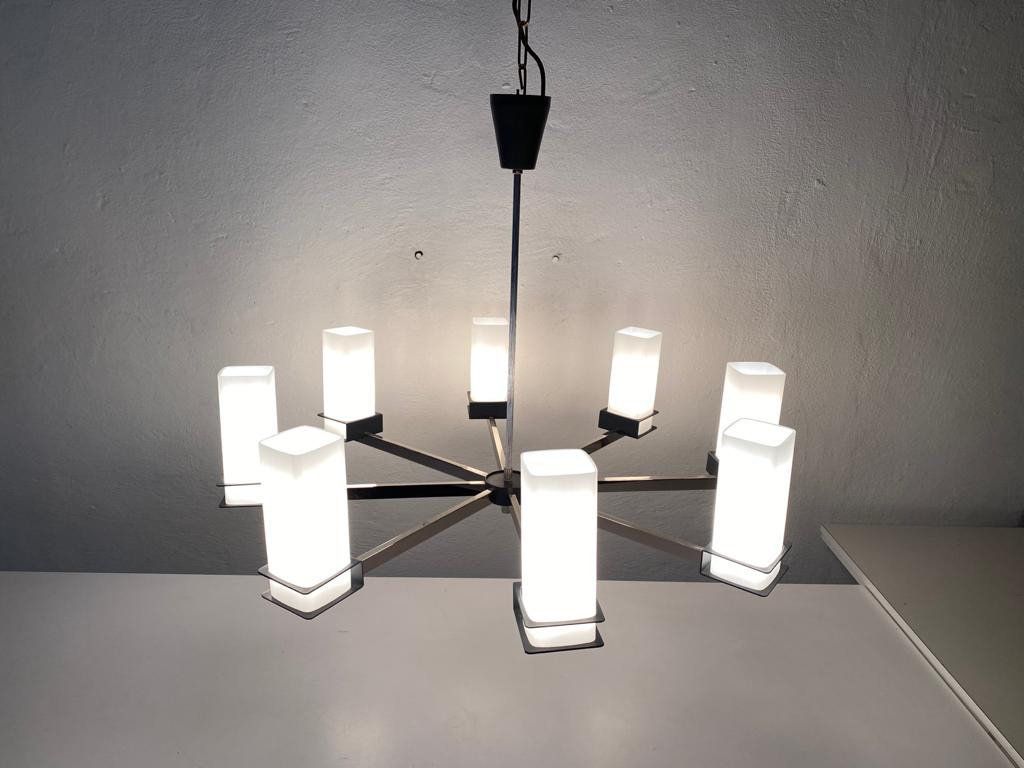 photo for sale Excellent 8 Cylinder Opal Glass Tubes And Black Chrome Metal Body Atomic XX L Chandelier, 1970s