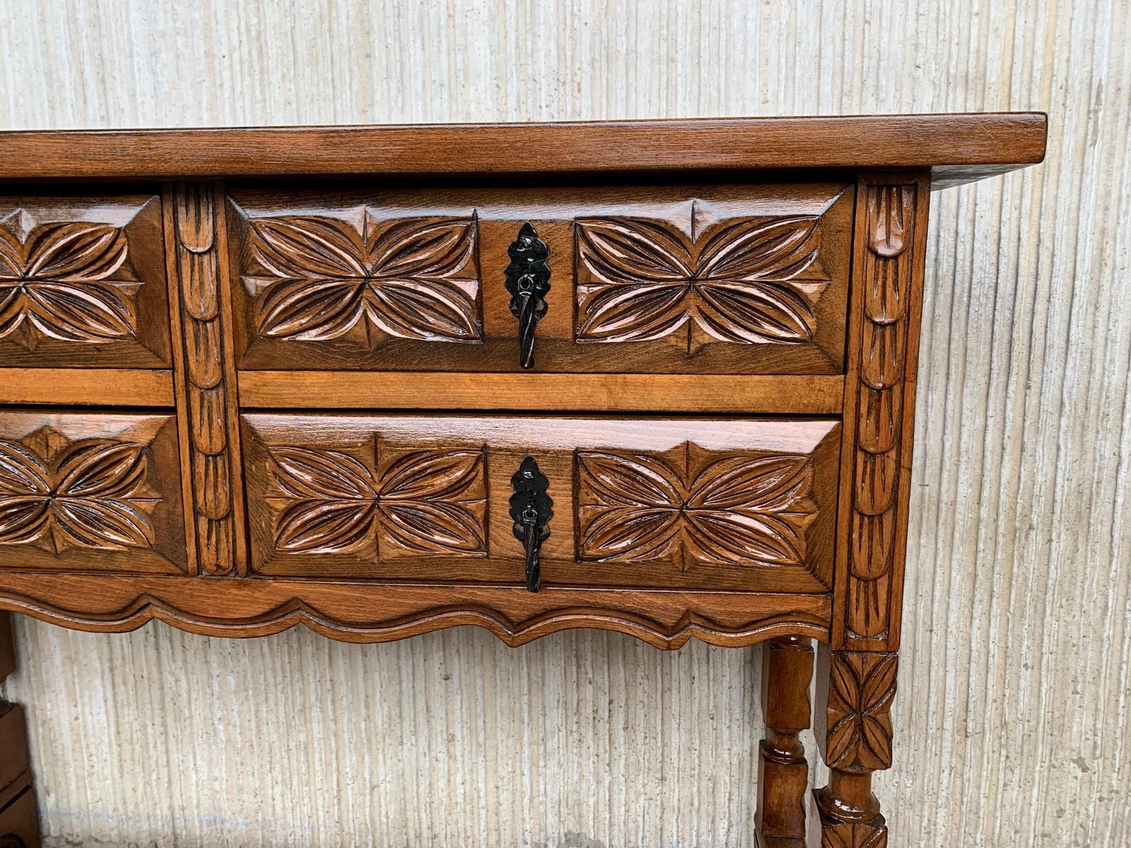 photo for sale 19th Century Catalan Spanish Carved Walnut Console Sofa Table, Four Drawers