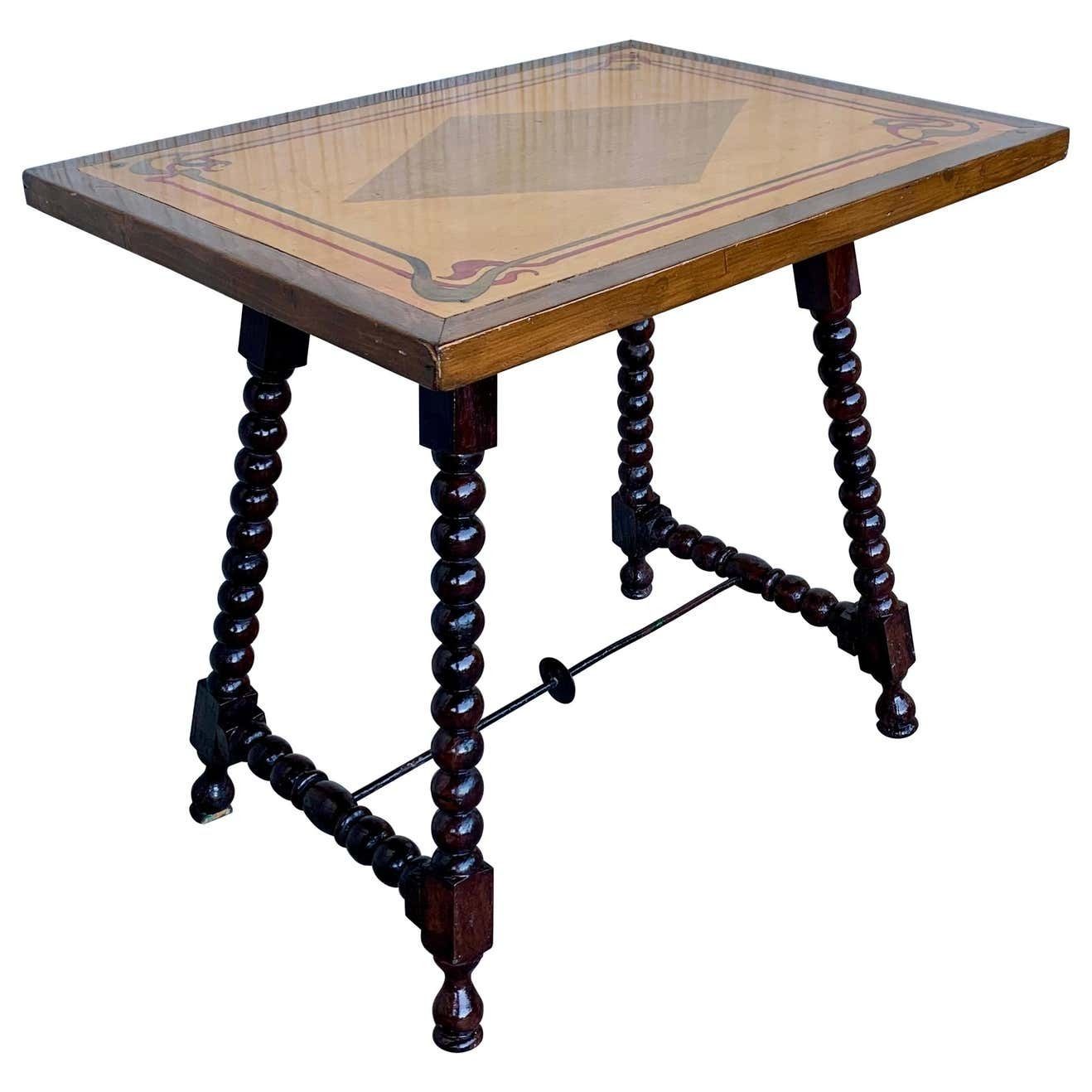 19th Century Baroque Spanish Side Table With Marquetry & Painted Top