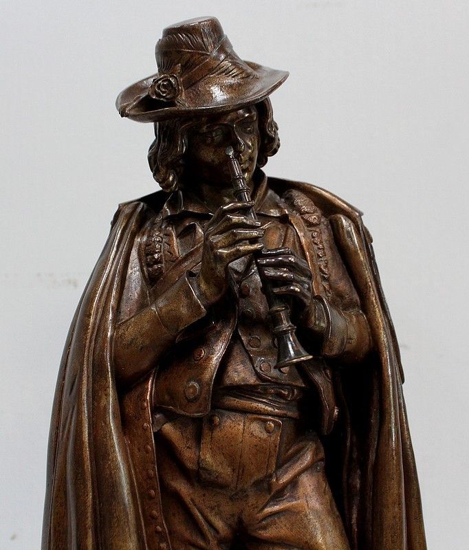 Pendulum In Bronze And Marble "The Flute Player", By Ca Calmels 2nd Part 19th Century photo 1555.3