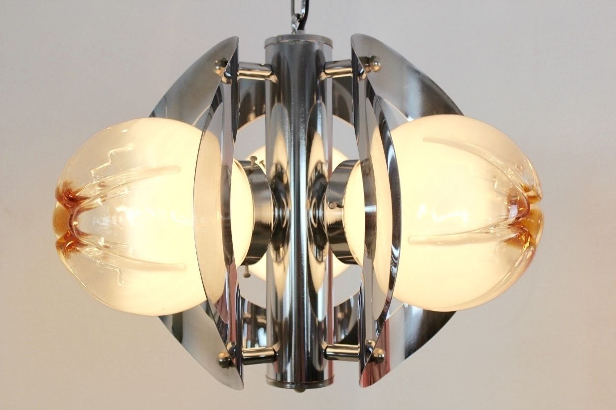 Vintage Geometric Chrome And Frosted Glass Chandelier By A.V. Mazzega photo furniture