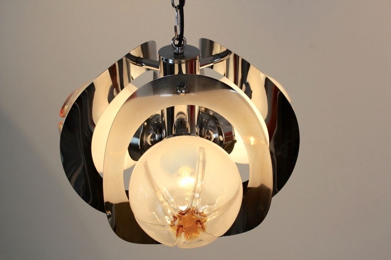 Vintage Geometric Chrome And Frosted Glass Chandelier By A.V. Mazzega photo vinterior
