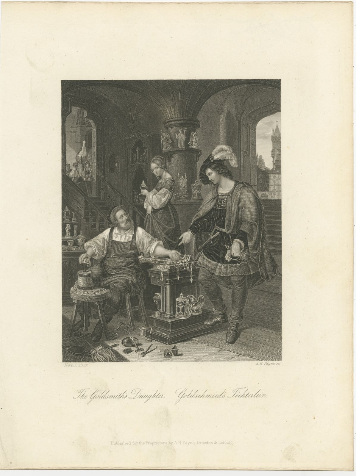 Antique Print Of A Goldsmith And His Daughter By Payne (C.1850)