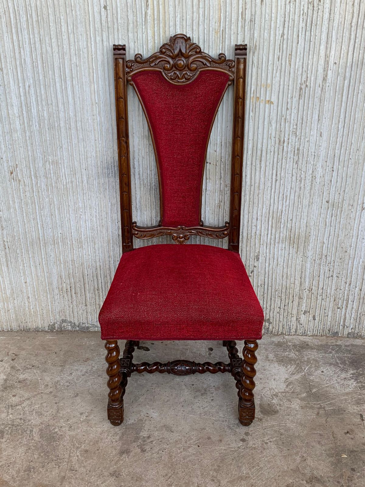 Spanish Carved Walnut Set Of Six Chairs With Red Velvet Seat And Back photo for sale
