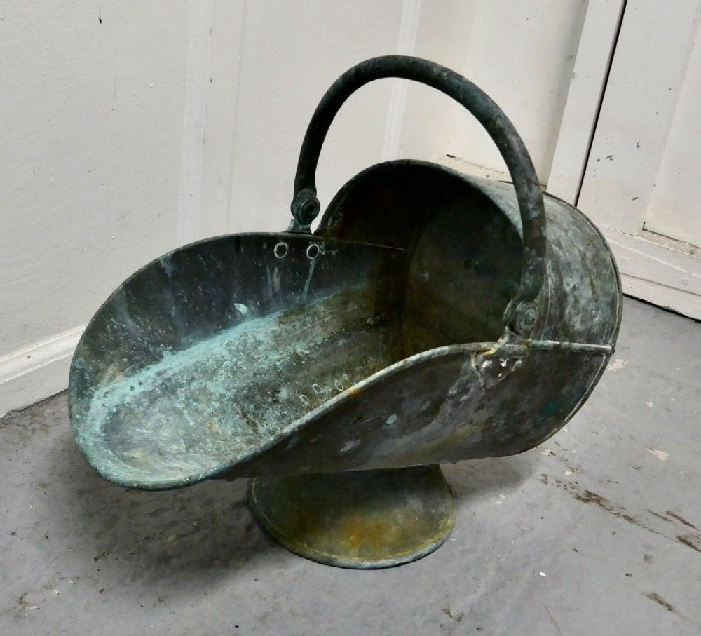 Large Arts And Crafts Shabby (Verdigris) Copper Helmet Coal Scuttle